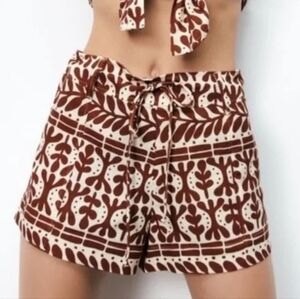 Zara Women's Linen Blend Shorts Brown Ivory Ethnic Tie Waist Side Zip - Sz Small